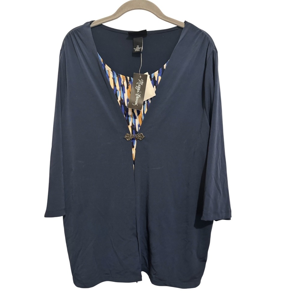 Maggie Barnes Layered Top Womens OX Blue Abstract Print Cardigan Office Workwear